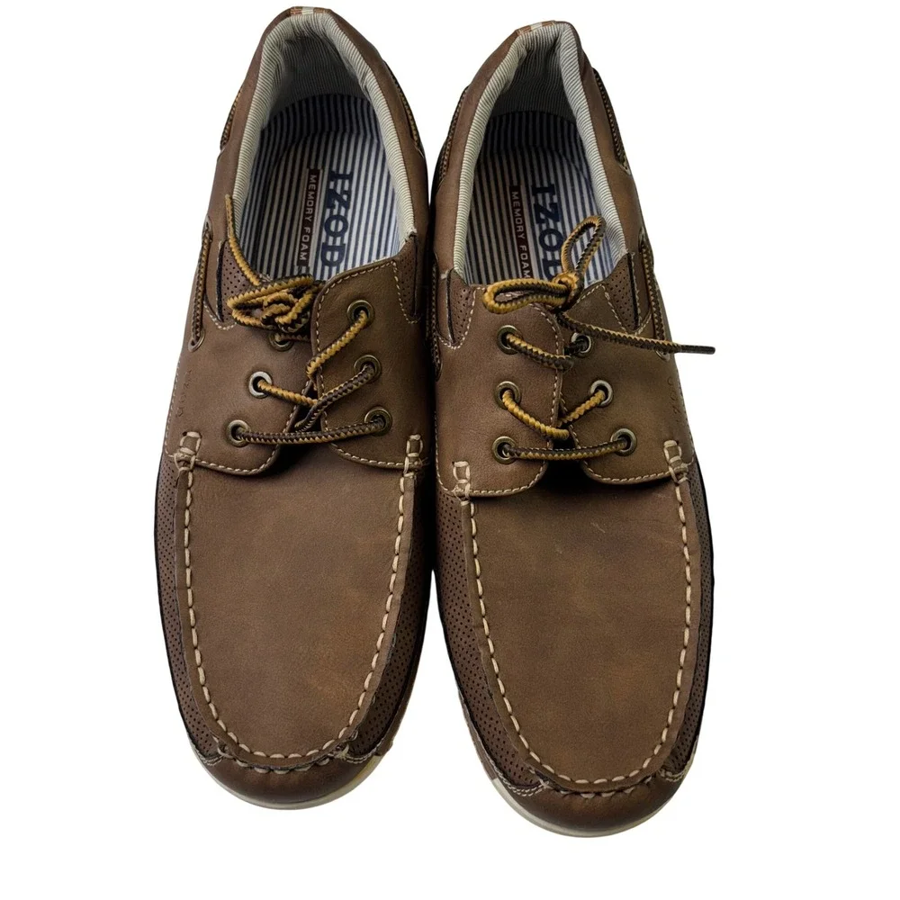 IZOD Mens Brown Faux Leather Memory Foam Boat‎ Shoes Lace Up Size 10 M Preppy